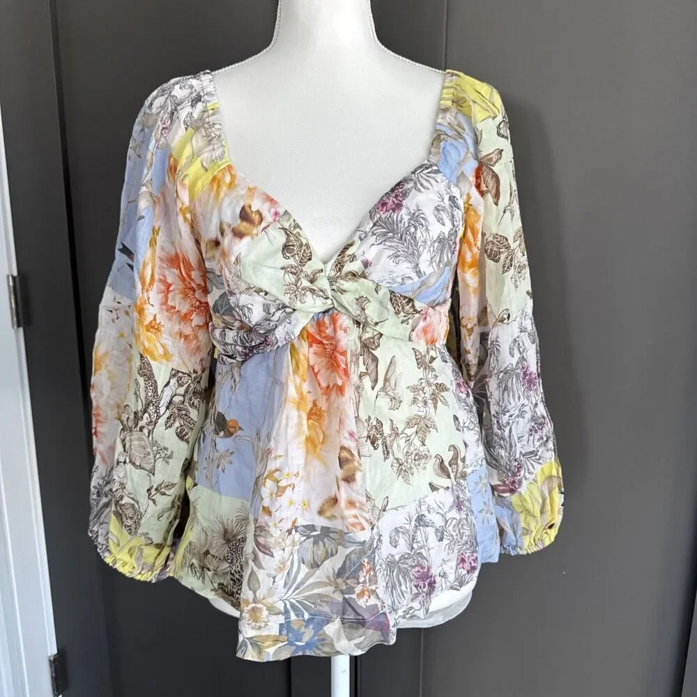 Banana Republic Womens M Multicolor Bird Floral Ramie Twist Front Blouse Top